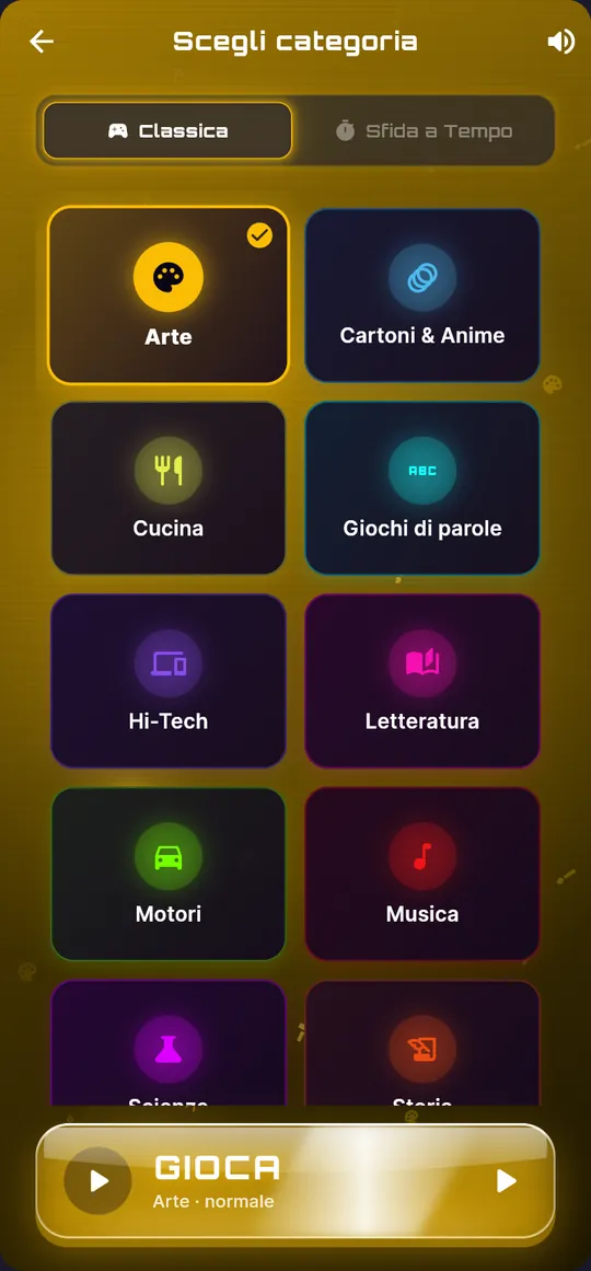 Scelta della categoria tra le categorie del Quizzone