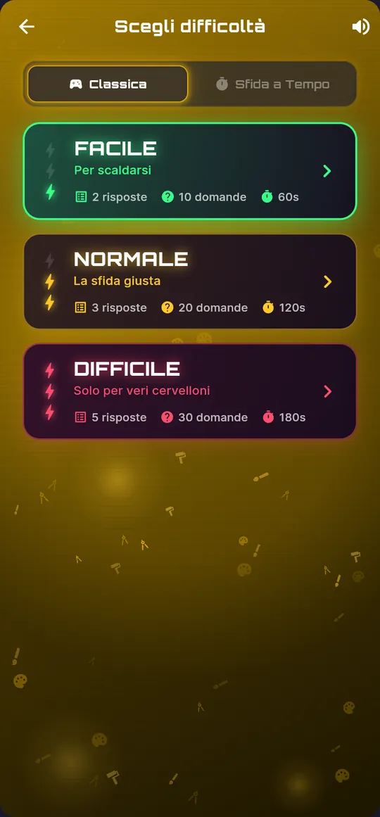 Scelta della difficoltà: Facile, Normale e Difficile