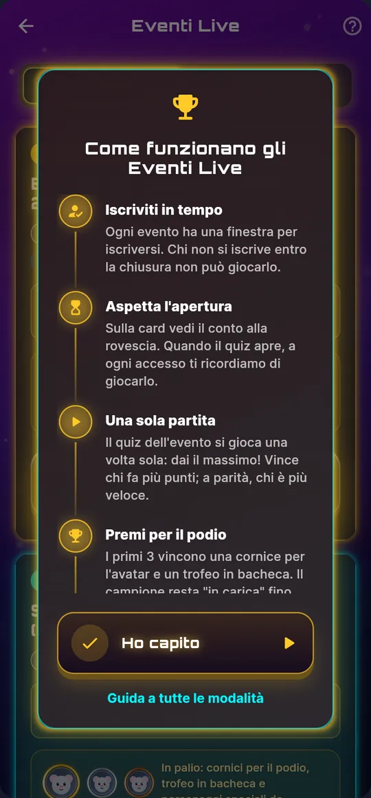 Guida Come funzionano gli Eventi Live dentro l'app