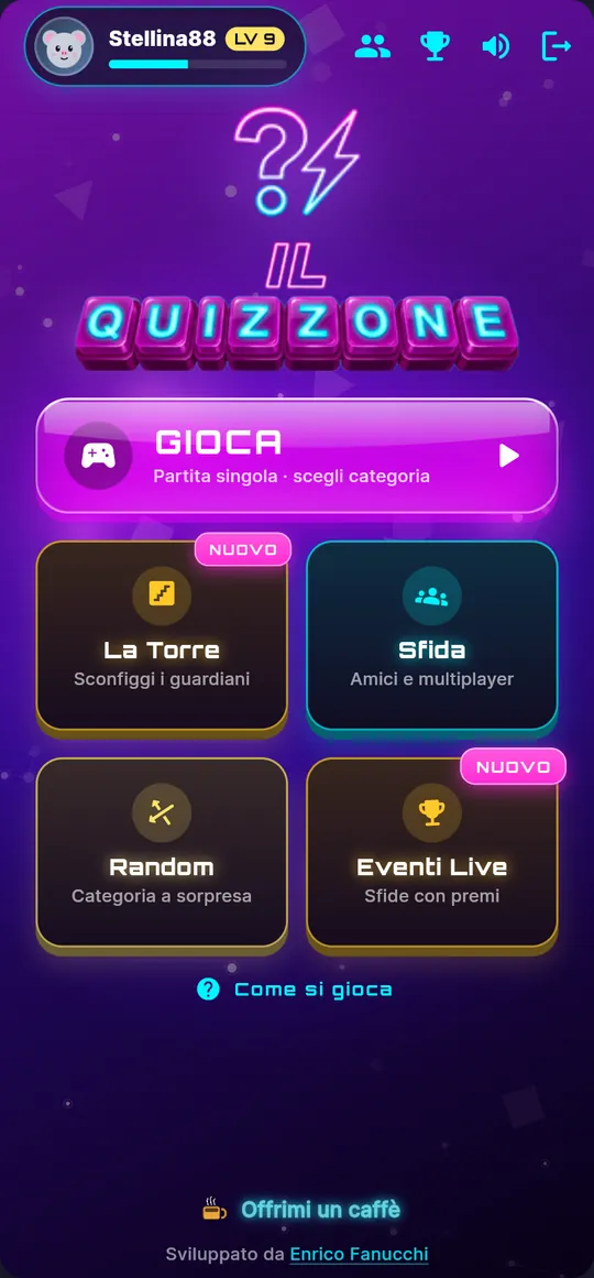Home del Quizzone con i tasti Gioca, La Torre, Sfida, Random ed Eventi Live