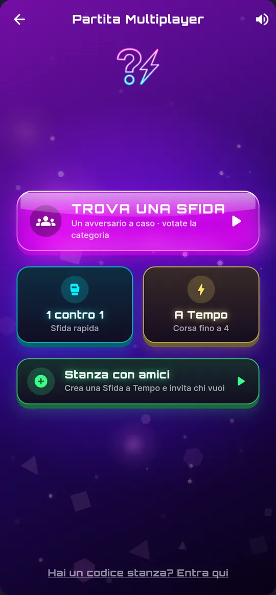 Menu Partita Multiplayer con Trova una sfida, 1 contro 1, A Tempo e Stanza con amici