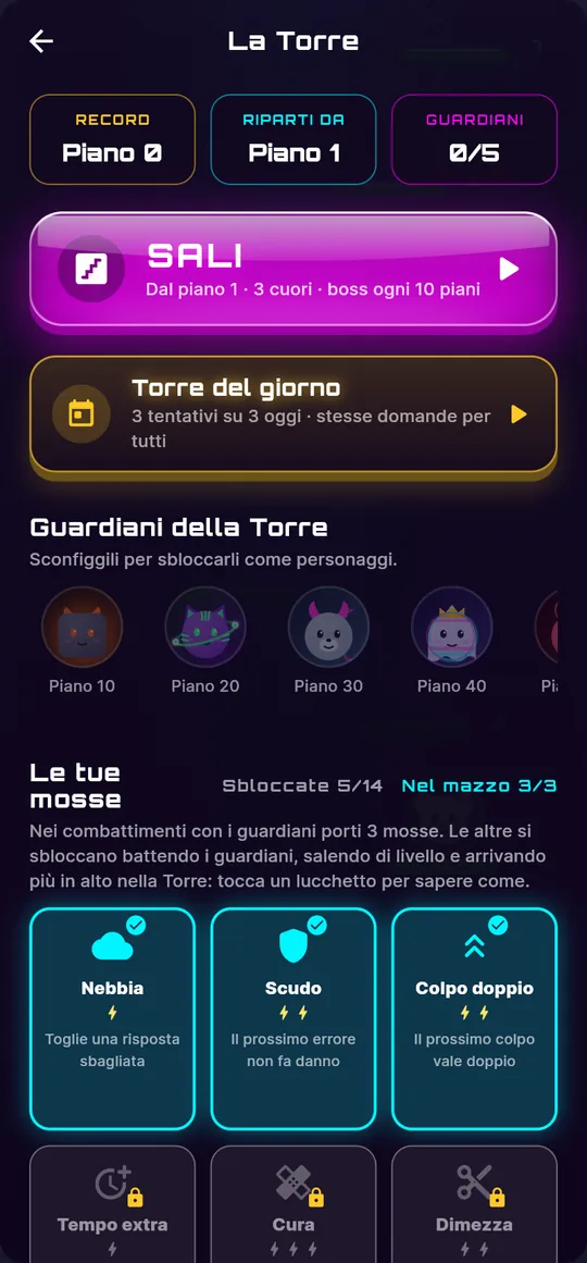 Schermata della Torre con record, piano di partenza, guardiani e mosse